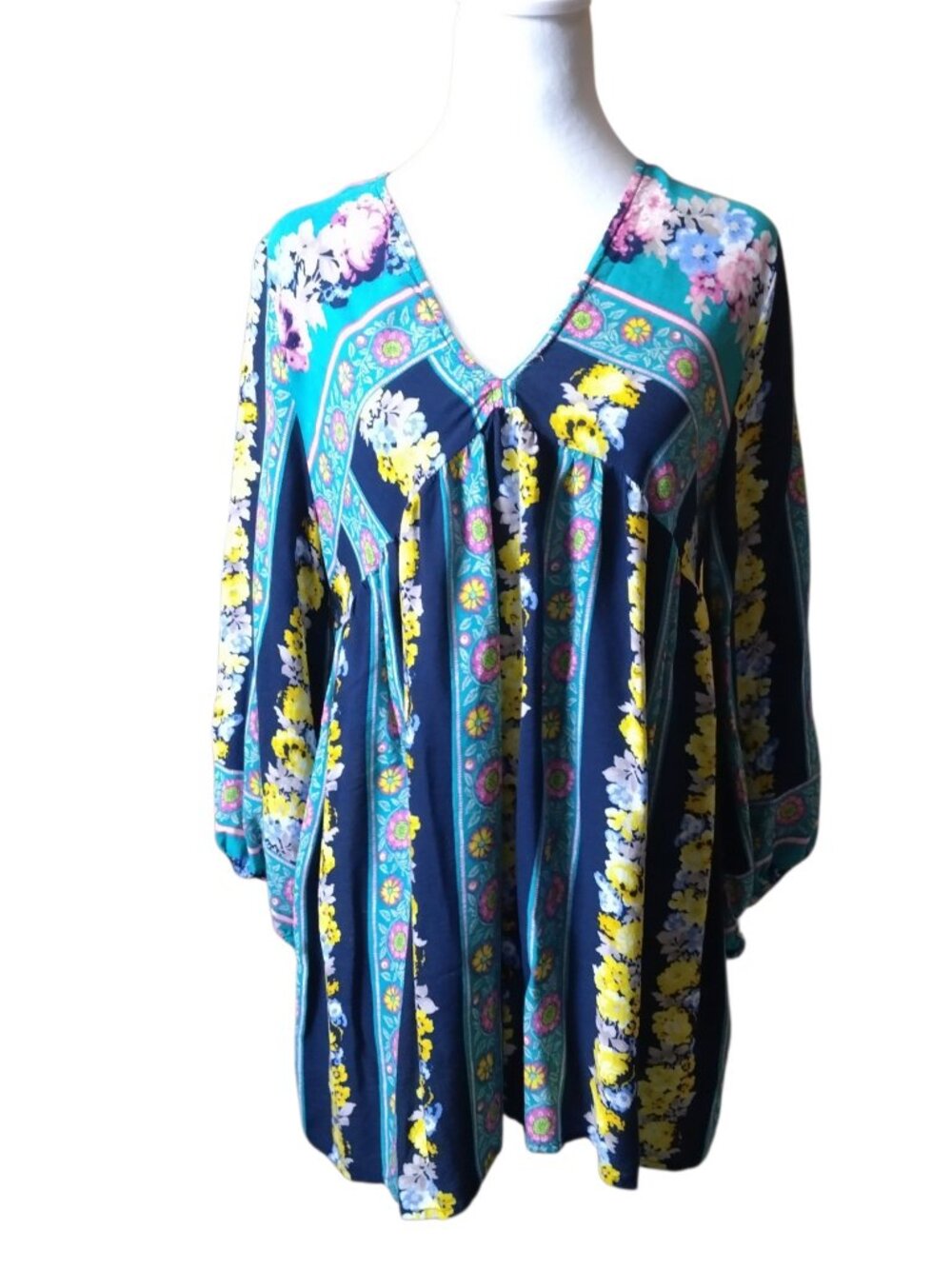 Suzanne Betro 3/4 Sleeve Floral Striped Blouse Size XL Boho Hippie Babydoll Top